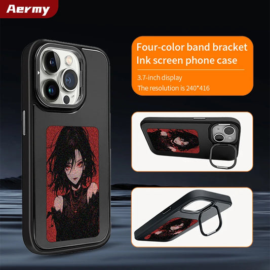 New-tech NFC phone case for iPhone 13/14/15 Pro Max, featuring a customizable DIY E-Ink display with cartoon design.
