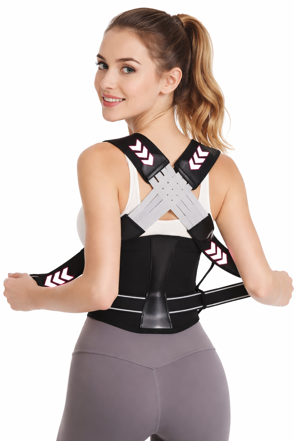 Breathable posture corrector with adjustable straps.