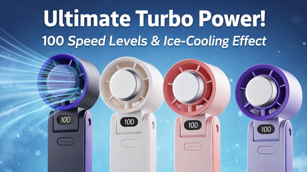 Powerful Cooling in Your Pocket – 100-Speed Turbo Handheld Fan with Ice-Cooling Touch.