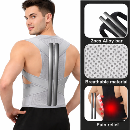 Adjustable back posture corrector with breathable straps for shoulder and waist support.
