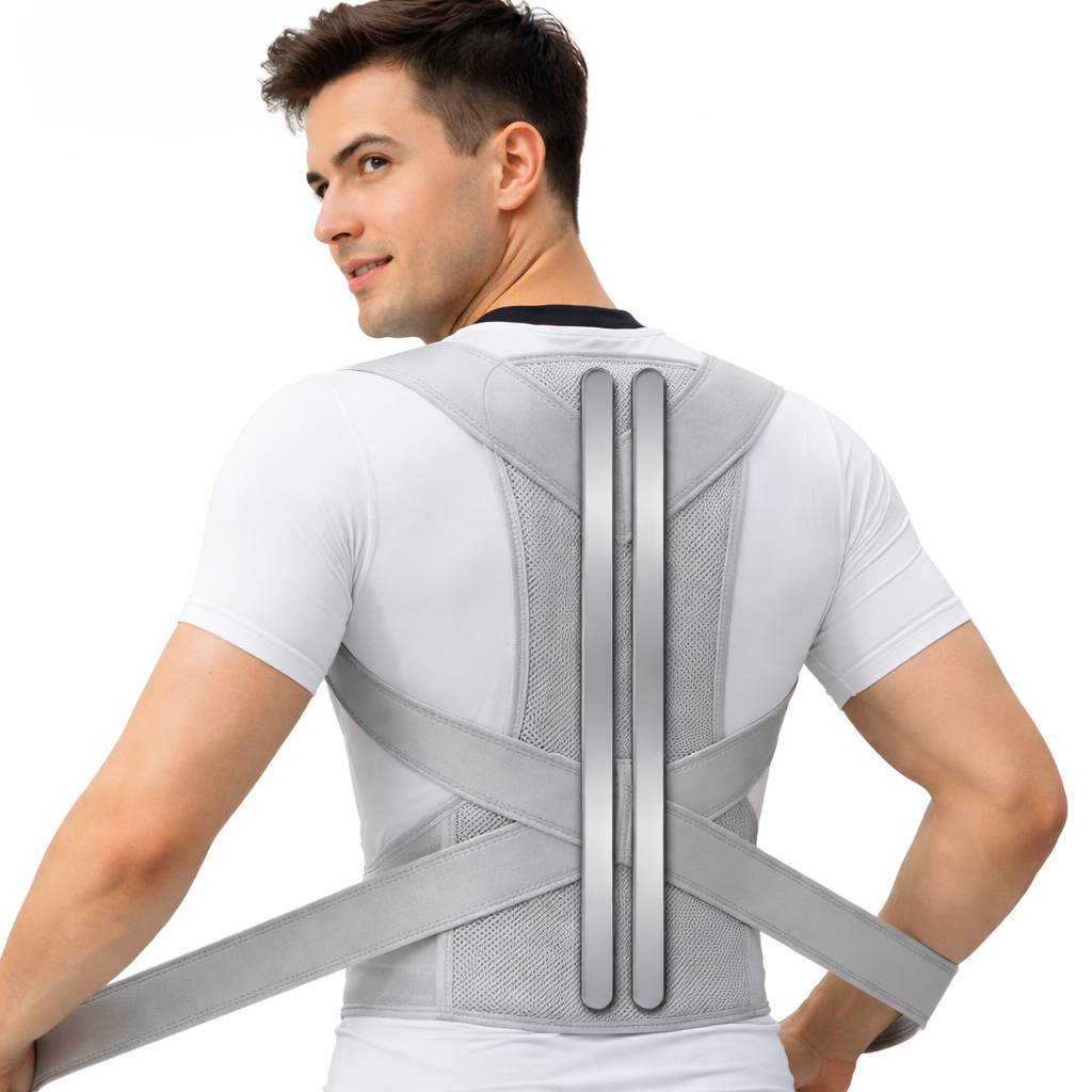 Adjustable back posture corrector with breathable straps for shoulder and waist support.