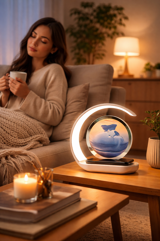 Retail Exclusive! 15W Fast Wireless Charger with Mesmerizing Quicksand Night Lamp – Stylish Tabletop Decor in Vibrant Orange