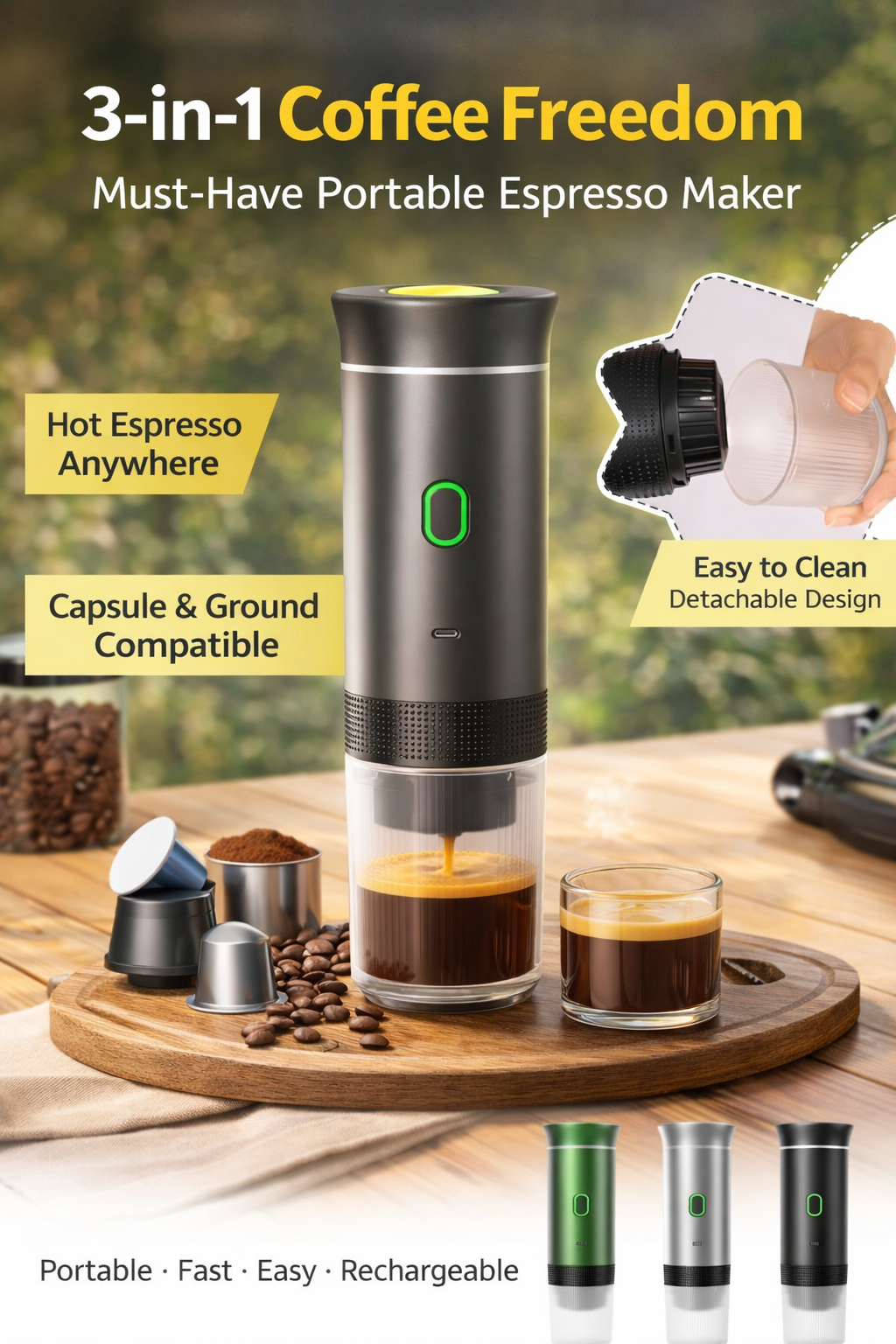 Portable Espresso Machine, 3-in-1 Capsule & Ground Coffee Maker for Travel, Car & Home