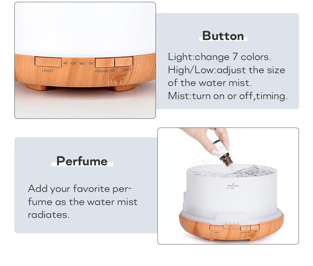 500ML ultrasonic diffuser, remote control, lights, essential oil humidifier aromatherapy
