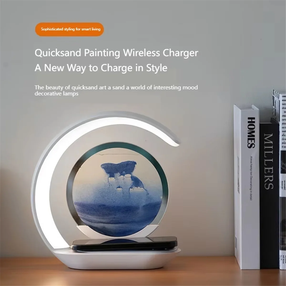 Retail Exclusive! 15W Fast Wireless Charger with Mesmerizing Quicksand Night Lamp – Stylish Tabletop Decor in Vibrant Orange
