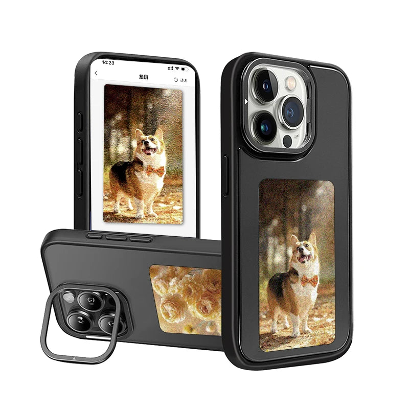New-tech NFC phone case for iPhone 13/14/15 Pro Max, featuring a customizable DIY E-Ink display with cartoon design.