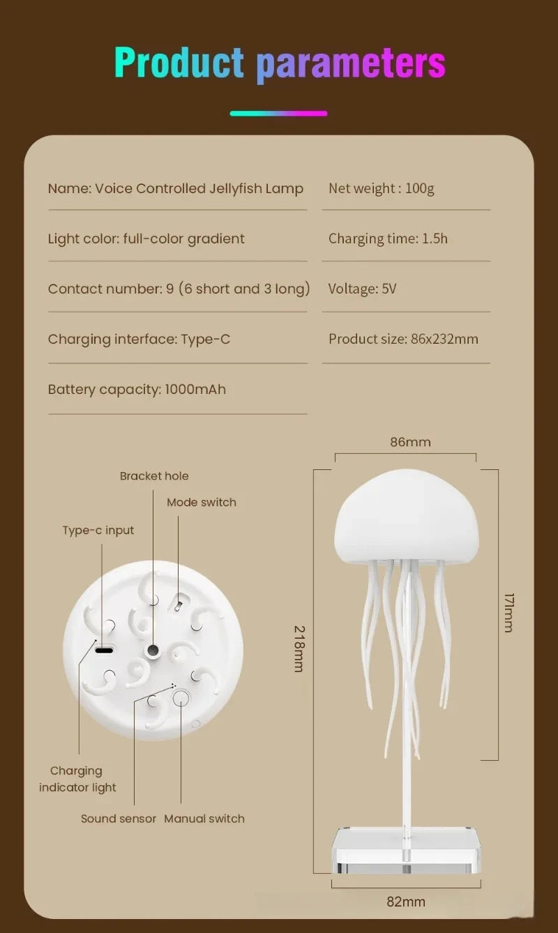 Glow with Magic: RGB Jellyfish Night Light, Voice-Controlled, USB-C Rechargeable Ambience Lamp