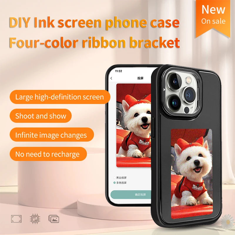 New-tech NFC phone case for iPhone 13/14/15 Pro Max, featuring a customizable DIY E-Ink display with cartoon design.