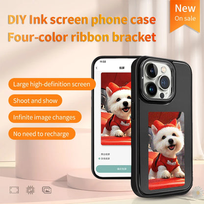 New-tech NFC phone case for iPhone 13/14/15 Pro Max, featuring a customizable DIY E-Ink display with cartoon design.