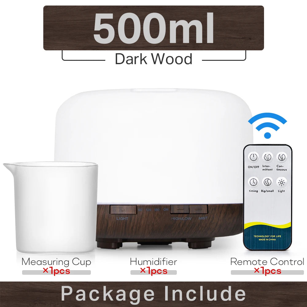 500ML ultrasonic diffuser, remote control, lights, essential oil humidifier aromatherapy