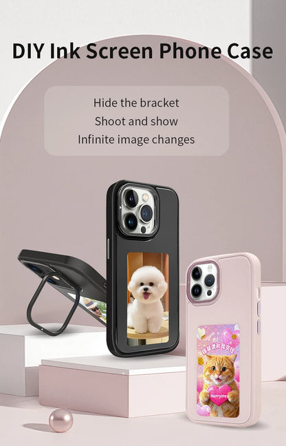 New-tech NFC phone case for iPhone 13/14/15 Pro Max, featuring a customizable DIY E-Ink display with cartoon design.