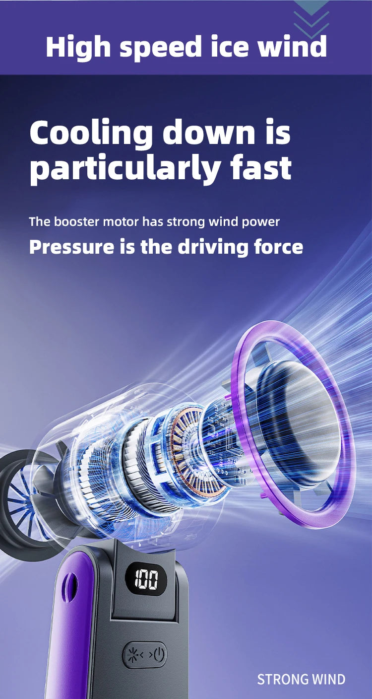 Powerful Cooling in Your Pocket – 100-Speed Turbo Handheld Fan with Ice-Cooling Touch.