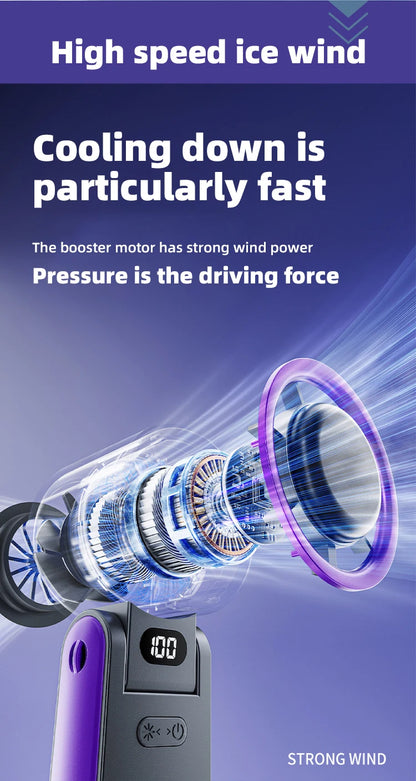 Powerful Cooling in Your Pocket – 100-Speed Turbo Handheld Fan with Ice-Cooling Touch.