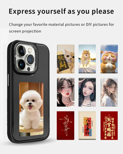 New-tech NFC phone case for iPhone 13/14/15 Pro Max, featuring a customizable DIY E-Ink display with cartoon design.