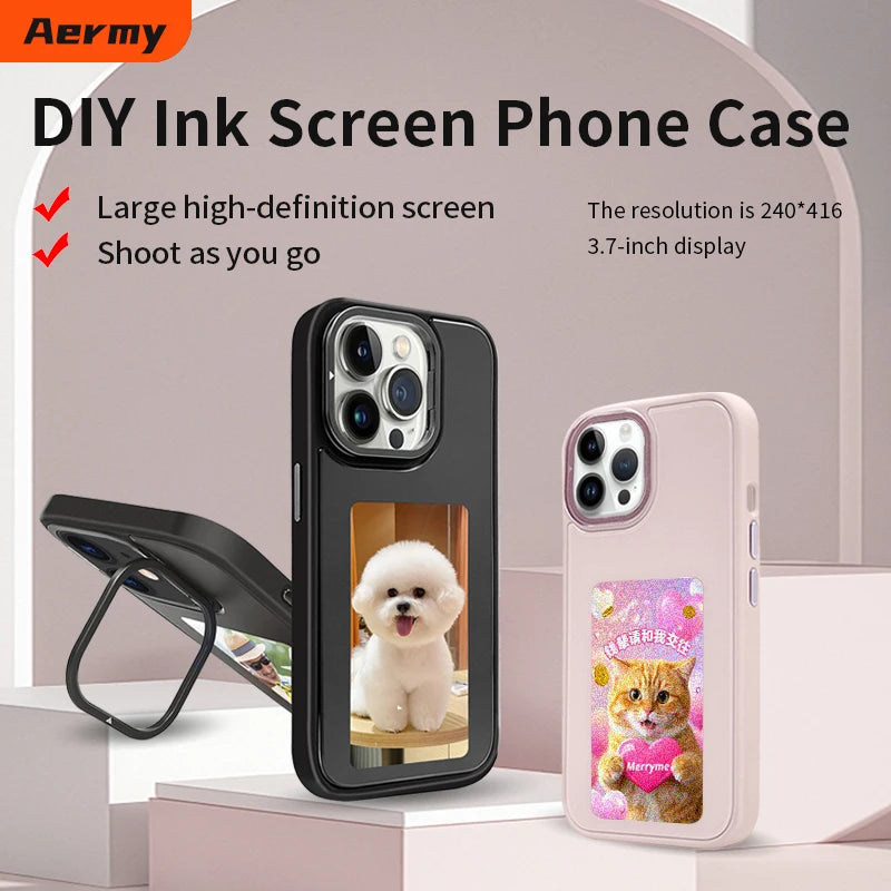 New-tech NFC phone case for iPhone 13/14/15 Pro Max, featuring a customizable DIY E-Ink display with cartoon design.