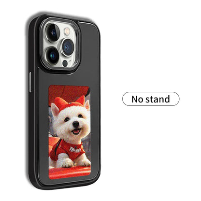 New-tech NFC phone case for iPhone 13/14/15 Pro Max, featuring a customizable DIY E-Ink display with cartoon design.