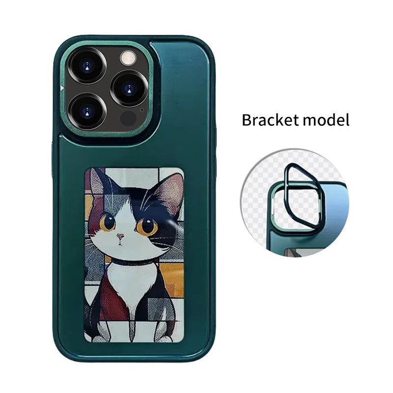 New-tech NFC phone case for iPhone 13/14/15 Pro Max, featuring a customizable DIY E-Ink display with cartoon design.