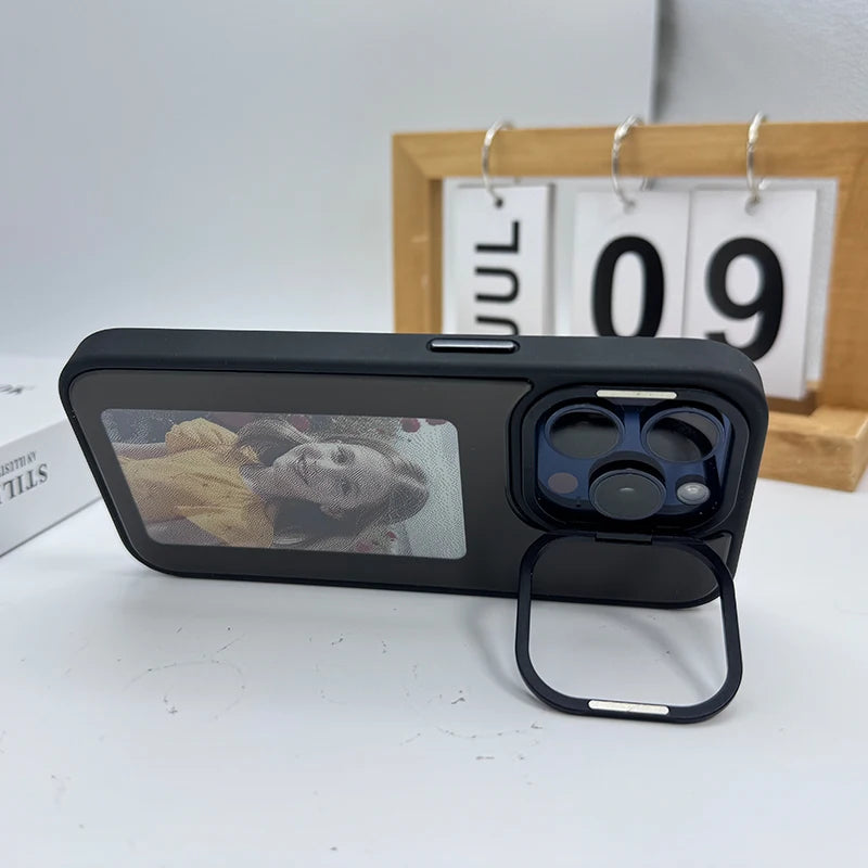New-tech NFC phone case for iPhone 13/14/15 Pro Max, featuring a customizable DIY E-Ink display with cartoon design.