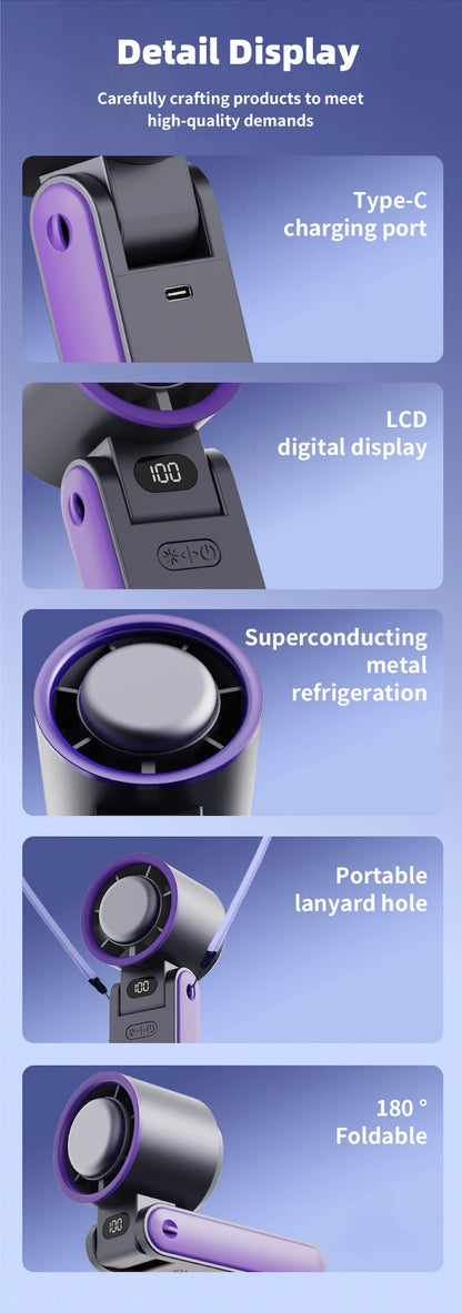 Powerful Cooling in Your Pocket – 100-Speed Turbo Handheld Fan with Ice-Cooling Touch.