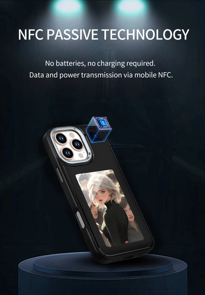 New-tech NFC phone case for iPhone 13/14/15 Pro Max, featuring a customizable DIY E-Ink display with cartoon design.