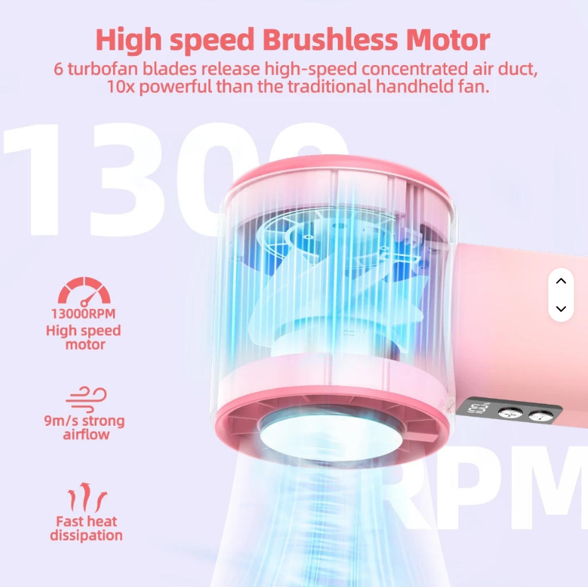Portable Foldable Rechargeable Cooling Fan (3600mAh) – High-Speed Turbo Handheld & Neck Fan with Ice-Cooling Effect for Outdoor Use