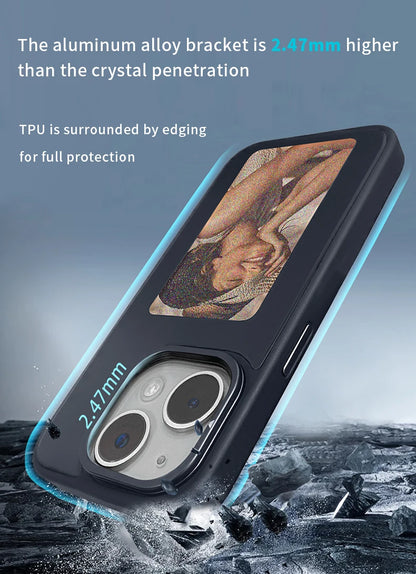 New-tech NFC phone case for iPhone 13/14/15 Pro Max, featuring a customizable DIY E-Ink display with cartoon design.