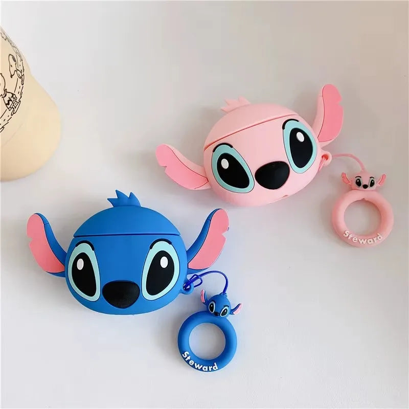 Cute 3D Stitch Couple AirPods Case for AirPods Pro 2/Pro/4/3/2/1 – Soft Silicone Protective Cover with Keychain Pendant