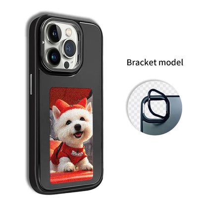 New-tech NFC phone case for iPhone 13/14/15 Pro Max, featuring a customizable DIY E-Ink display with cartoon design.