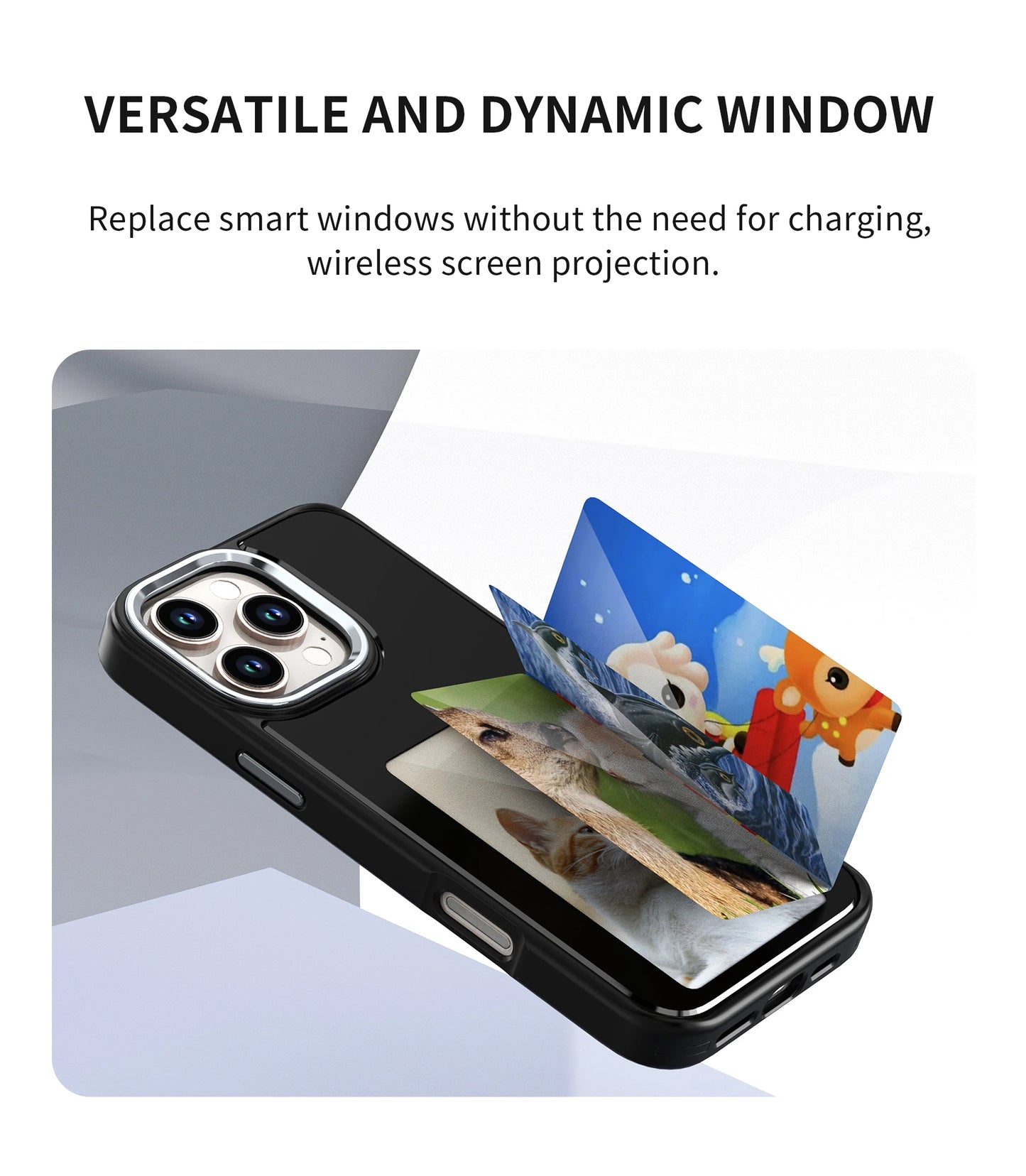 New-tech NFC phone case for iPhone 13/14/15 Pro Max, featuring a customizable DIY E-Ink display with cartoon design.