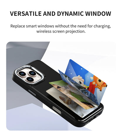 New-tech NFC phone case for iPhone 13/14/15 Pro Max, featuring a customizable DIY E-Ink display with cartoon design.