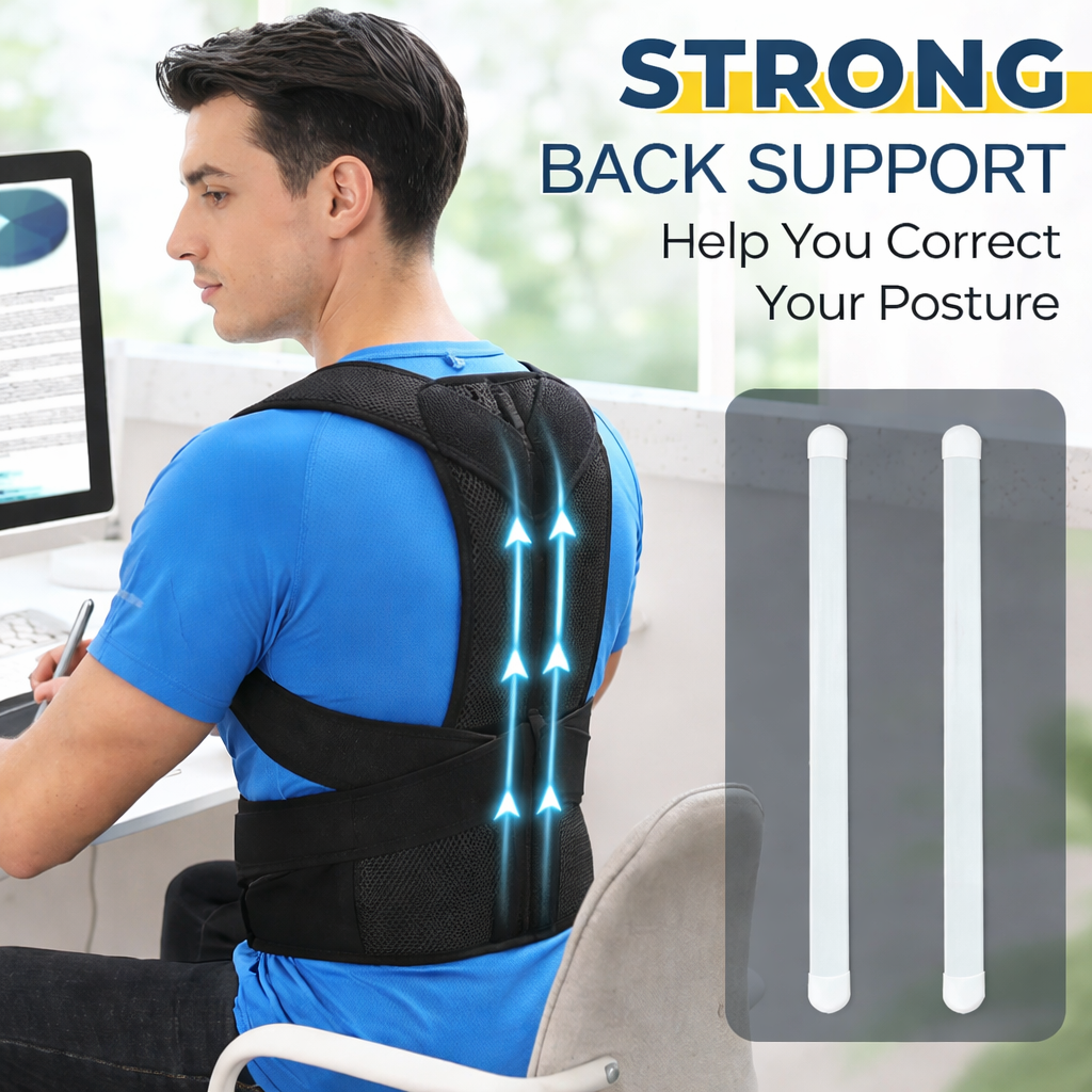 Adjustable back posture corrector with breathable straps for shoulder and waist support.